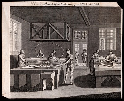 Glass: men at work inside a plate glass factory. Engraving, 1747.