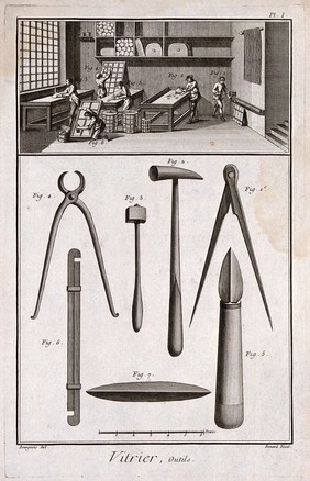 Glass: a glazier's workshop (above), the tools used for making and glazing windows (below). Engraving by R. Bénard after Bourgeois.