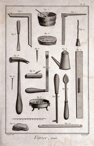 view Glass: the tools used for making and glazing windows. Engraving by R. Bénard after Bourgeois.