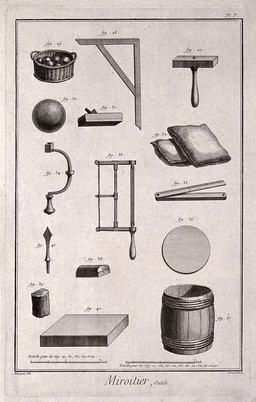 Mirrors: tools and equipment for silvering glass. Engraving by Benard after Bourgeois.