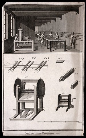 view Textiles: carding and spinning of cotton. Engraving.