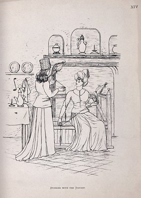 Textiles: two women, in ancient (Middle Eastern?) costume, spinning cotton with distaffs under their arms. Photolithograph after a drawing by F. M. P.