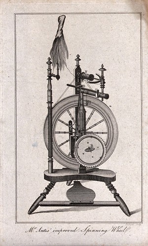 view Textiles: a cotton spinning wheel. Engraving by Eastgate.