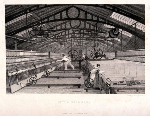 Textiles: a belt-driven version of Crompton's mule inside an iron-framed spinning shed, workers setting machines and clearing cotton waste, etc. Engraving by J. W. Lowry, 1834, after T. Allom.