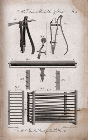 Textiles: a spring pen-holder and parallel rule (above), a rack for stretching woollen fabric (below). Engraving by G. Gladwin after C. Varley.