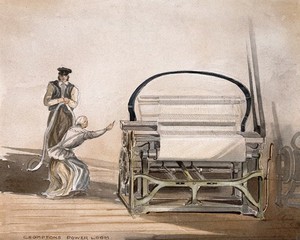 view Textiles: Crompton's belt-driven power loom, with a man standing by and a woman working. Watercolour.