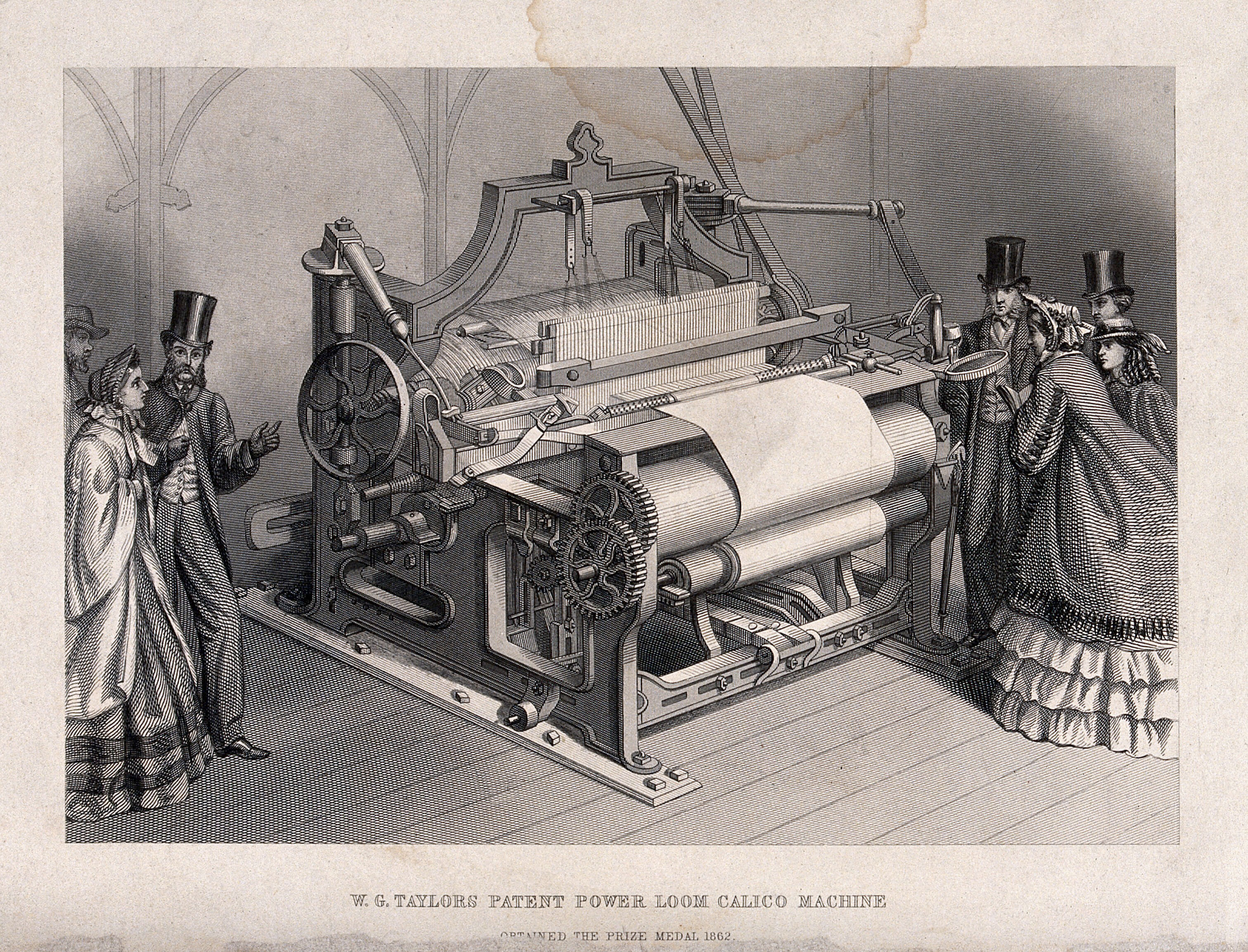 Textiles A Three quarter View Of A Power Loom With Admiring Visitors textiles-a-three-quarter-view-of-a-power-loom-with-admiring-visitors