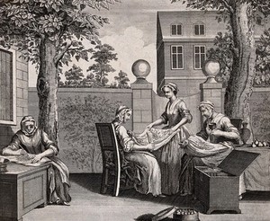 view Textiles: women in a garden sorting silkworm eggs for incubation. Engraving by B. Cole, 1749.