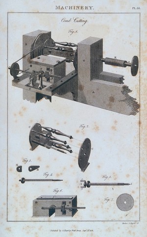 view Textiles: a lathe used in comb manufacture. Engraving, 1808, by H. Mutlow.