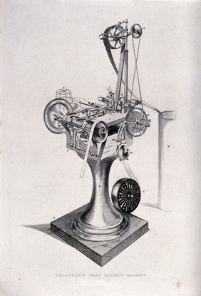 Textiles: a mechanical carding device. Engraving.