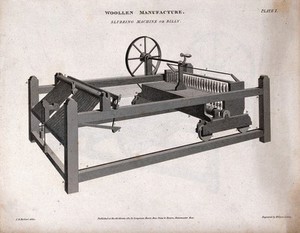 view Textiles: a spinning machine. Engraving by W. Lowry, 1811, after J. D. Herbert.