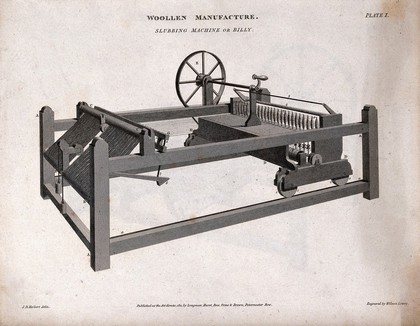 Textiles: a spinning machine. Engraving by W. Lowry, 1811, after J. D. Herbert.