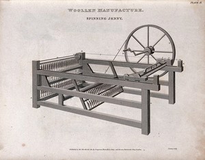 view Textiles: a spinning jenny. Engraving by W. Lowry, 1811.