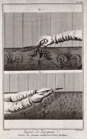 Textiles: a loom for carpet weaving, cutting with scissors (top), combing the warp threads (below). Engraving by R. Benard after Radel.