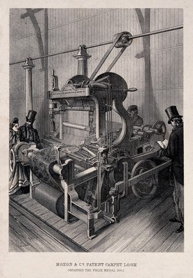 Textiles: a mechanical carpet loom, three-quarter view, with spectators. Engraving, c.1862.