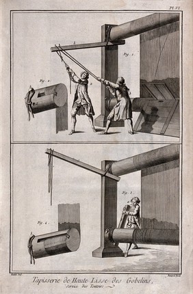 Textiles: tapestry weaving, two men tensioning a loom (top), one man tensioning a loom (below). Engraving by R. Benard after Radel.