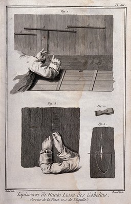Textiles: tapestry weaving, details of the use of pincers (top), and sewing needles (below). Engraving by R. Benard after Radel.