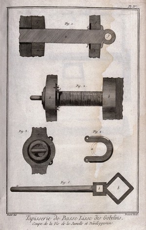 view Textiles: tapestry weaving, parts of a loom. Engraving by R. Benard after Radel.