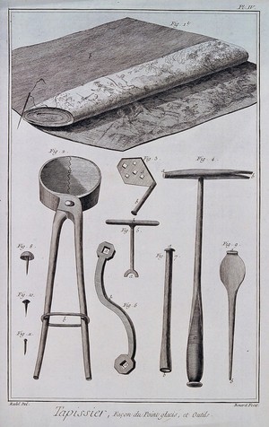 view Upholstery: a roll of fabric (top), tools (below). Engraving by R. Benard after Radel.