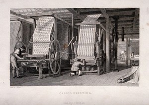 view Textiles: a pair of large presses for block printing calico. Engraving by J. Carter after T. Allom, 1834.