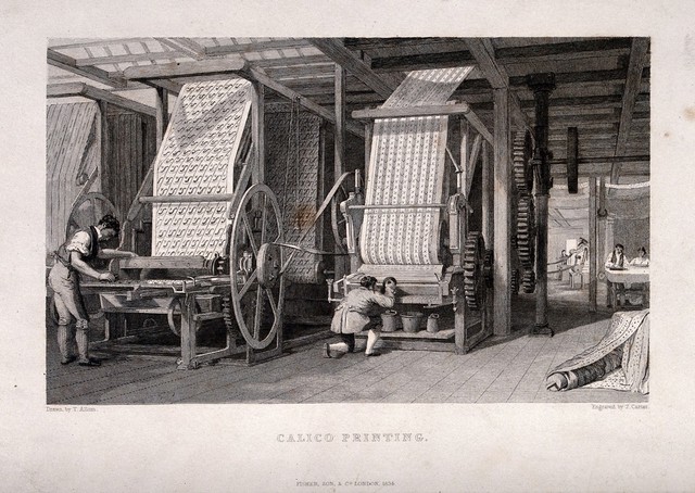 Textiles: a pair of large presses for block printing calico. Engraving by J. Carter after T. Allom, 1834.