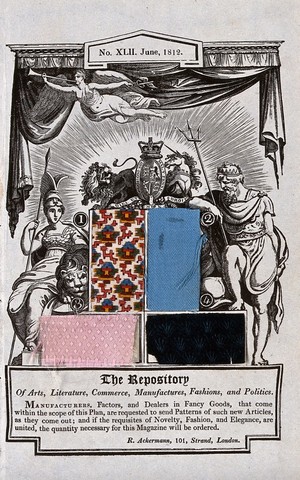 view Textiles: four fabric samples mounted on a printed background. Wood engraving with applied fabric, 1812.