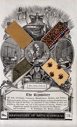 Textiles: four fabric samples mounted on a printed background. Wood engraving with applied fabric, 1814.