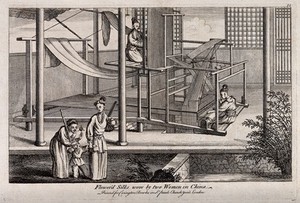 view Textiles: silk manufacture in China, two women working at a loom. Engraving.