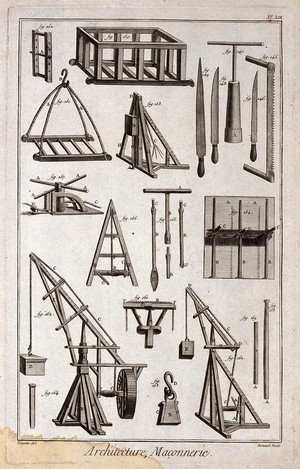 view Architecture: tools, derricks, and windlasses. Engraving by Bénard after Lucotte.