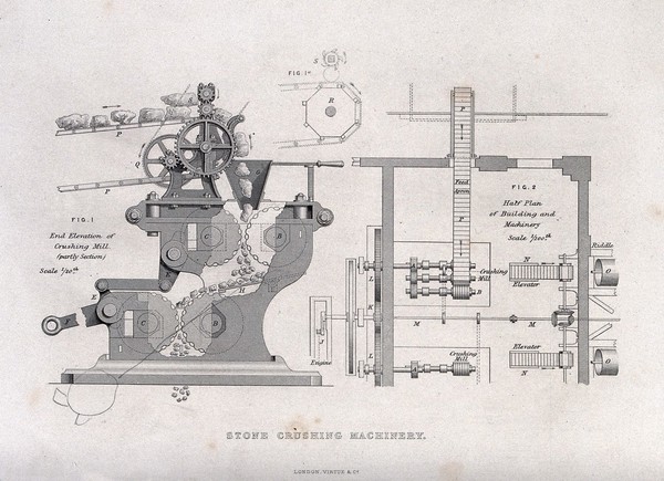 Building: a stone-crushing machine (left), and plan of the crushing-mill (right). Engraving.