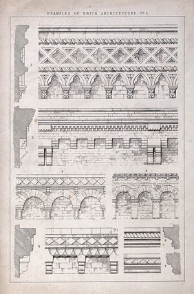 Building: specimens of decorative brickwork. Engraving.