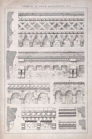 view Building: specimens of decorative brickwork. Engraving.