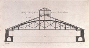 view Engineering: a wide-span wooden truss-beam roof. Engraving by J. Davis after R. Tredgold, 1820.