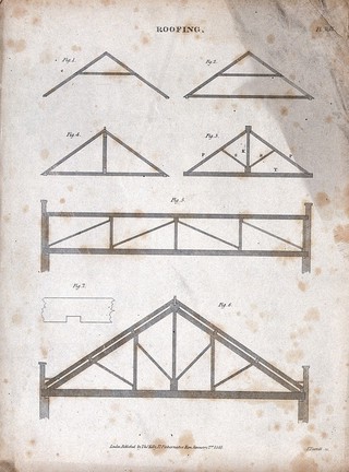 Architecture: various roof trusses. Engraving by E. Turrell, 1847.