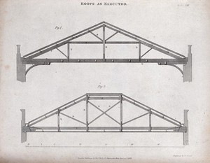 view Architecture: two composite roof trusses. Engraving by E. Turrell, 1847.