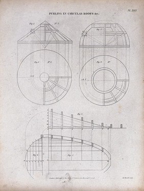 Architecture: various roof geometries. Engraving by E. Turrell, 1847.