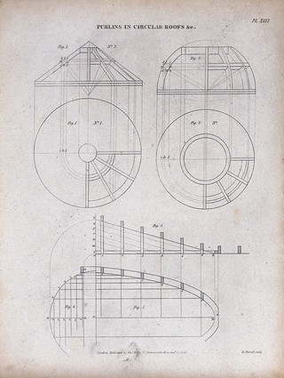 Architecture: various roof geometries. Engraving by E. Turrell, 1847.