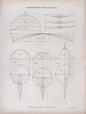 view Architecture: various roof geometries. Engraving by E. Turrell, 1847.