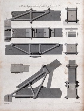 Building: iron supports for rotten timber. Engraving by W. Kelsall after A. Ainger.