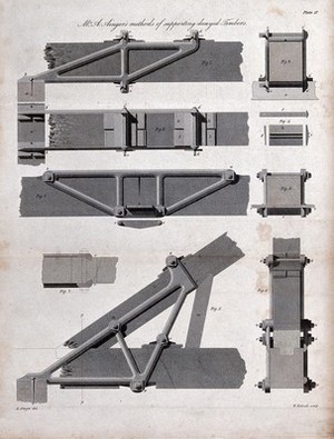 view Building: iron supports for rotten timber. Engraving by W. Kelsall after A. Ainger.