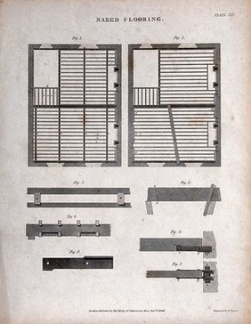 Building: two floor plans, showing the layout of joists, and details (below). Engraving by E. Turrell, 1847.