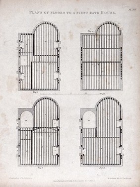 Building: plans of the four floors of a town house, showing the layout of flooring joists. Engraving by G. C. Jenkinson, 1847, after M. A. Nicholson.