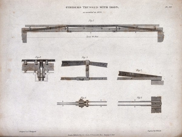 Architecture: various roof trusses. Engraving by E. Turrell, 1847.
