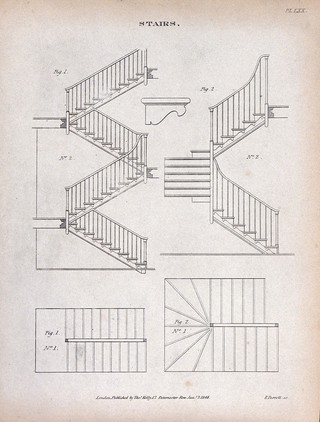 Building: two floor plans, showing the layout of joists, and details (below). Engraving by E. Turrell, 1847.