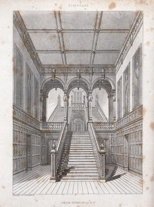 view Architecture: a hallway and a staircase in the Elizabethan style. Engraving after Arrowsmith.