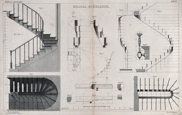 Architecture: designs for helical (spiral) staircases with twisted iron reinforcing bars. Lithograph by Dunn & Wright.