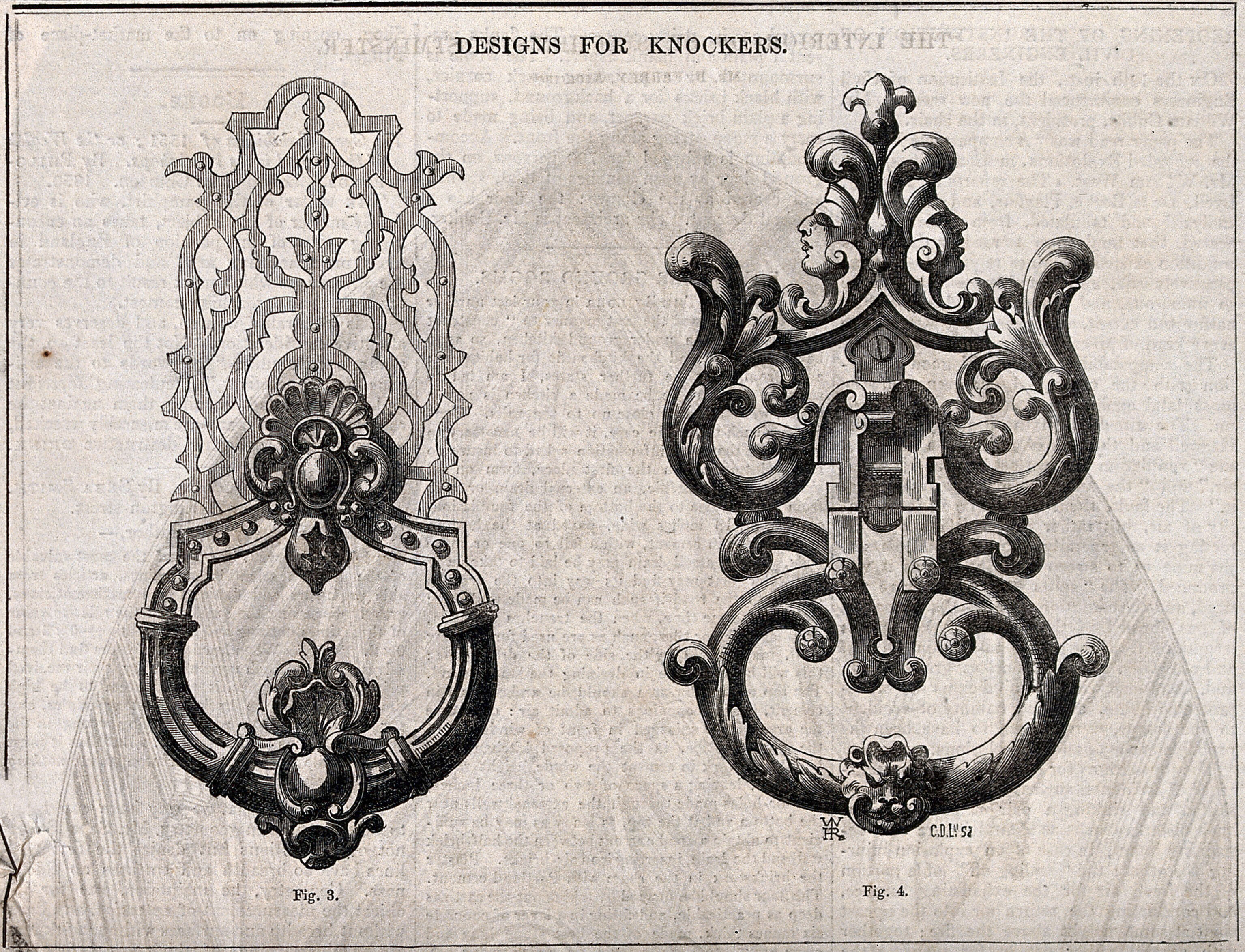 Architecture Two Designs For Door Knockers Wood Engraving By