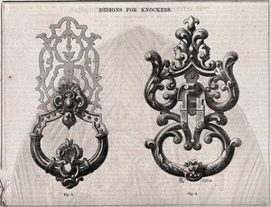 view Architecture: two designs for door knockers. Wood engraving by C. D. Laing after W. H. Rogers, 1850.