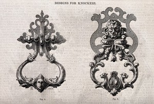 view Architecture: two designs for door knockers. Wood engraving by C. D. Laing after W. H. Rogers, 1850.