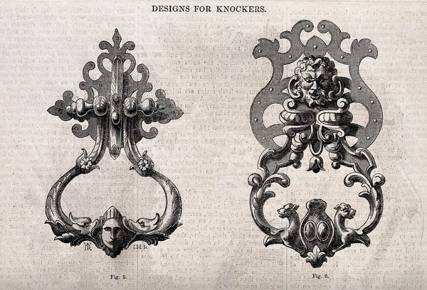 Architecture: two designs for door knockers. Wood engraving by C. D. Laing after W. H. Rogers, 1850.